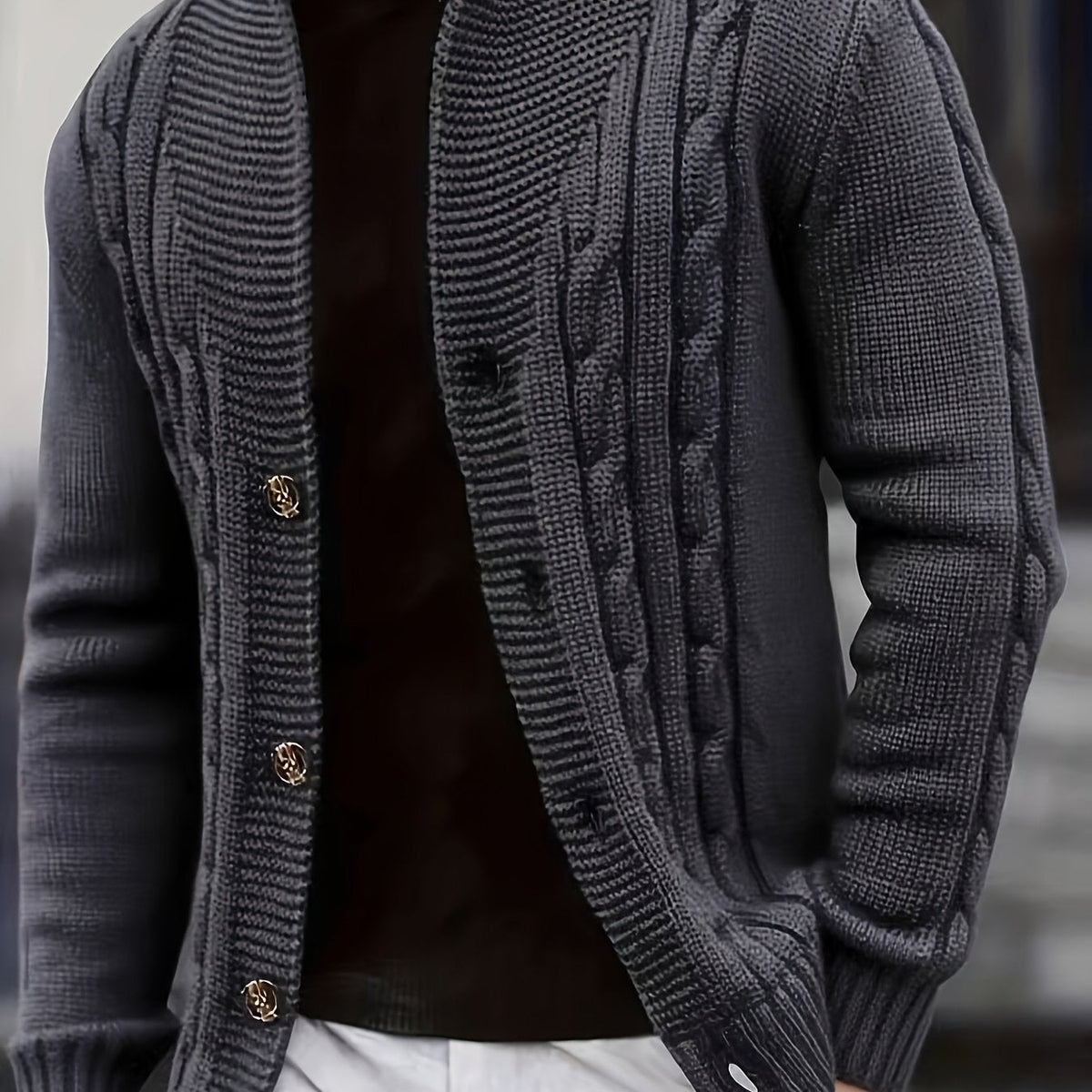 Cable Knit Cardigan Black Men's Button-Up Sweater – Casual, Office, Autumn Layering, Gift
