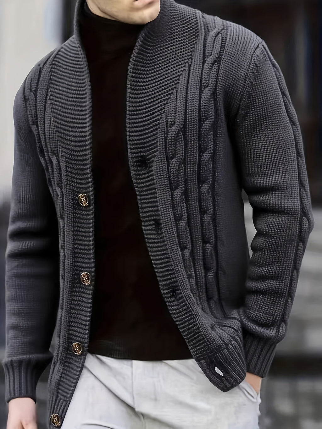 Cable Knit Cardigan Black Men's Button-Up Sweater – Casual, Office, Autumn Layering, Gift