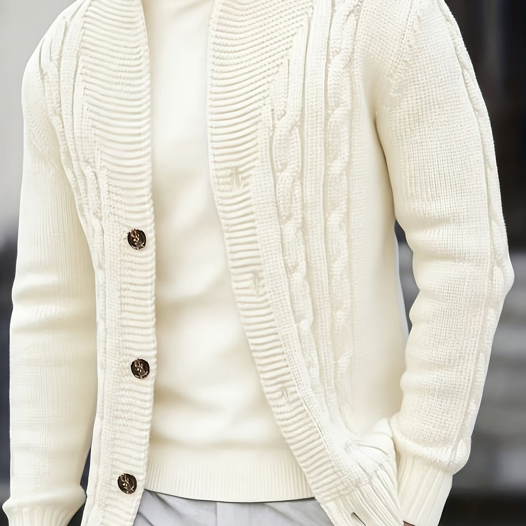 Cable Knit Cardigan Black Men's Button-Up Sweater – Casual, Office, Autumn Layering, Gift