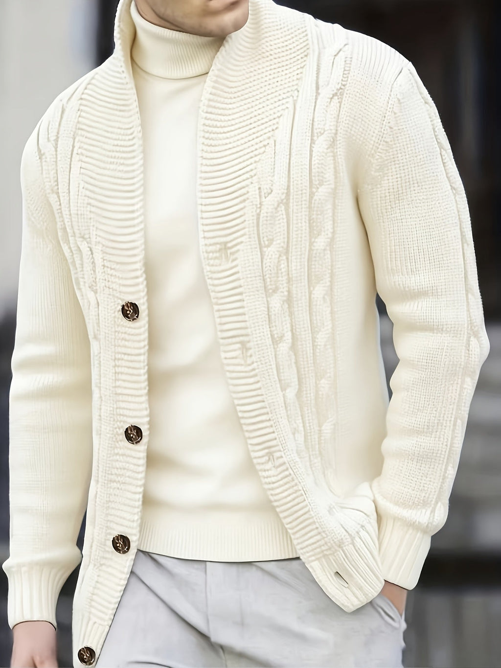 Cable Knit Cardigan Black Men's Button-Up Sweater – Casual, Office, Autumn Layering, Gift