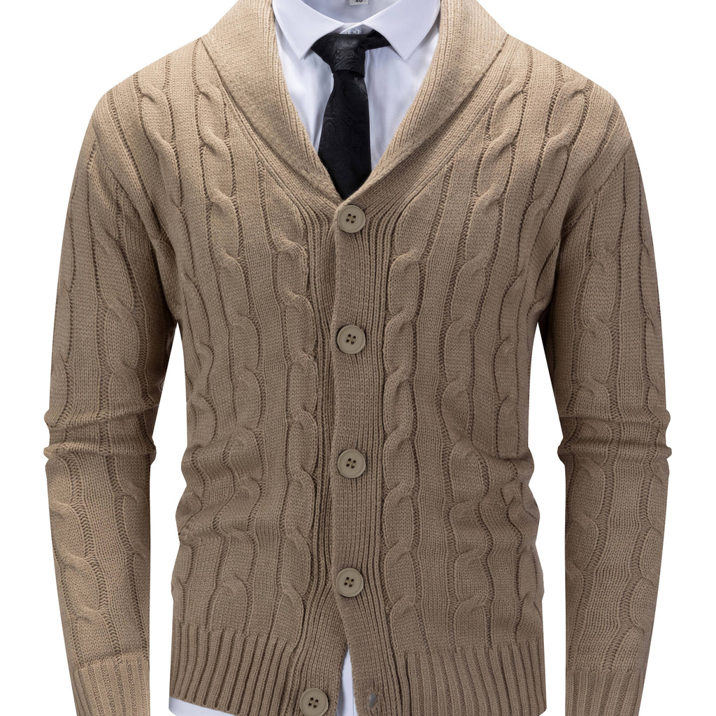 Cable Knit Cardigan Shawl Collar Men's Button-Up Sweater Navy Blue – Office, Casual, Smart Layering