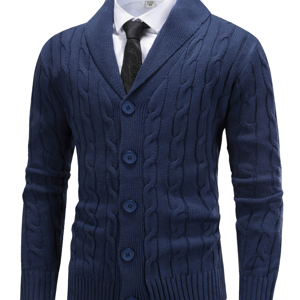 Cable Knit Cardigan Shawl Collar Men's Button-Up Sweater Navy Blue – Office, Casual, Smart Layering