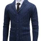 Cable Knit Cardigan Shawl Collar Men's Button-Up Sweater Navy Blue – Office, Casual, Smart Layering
