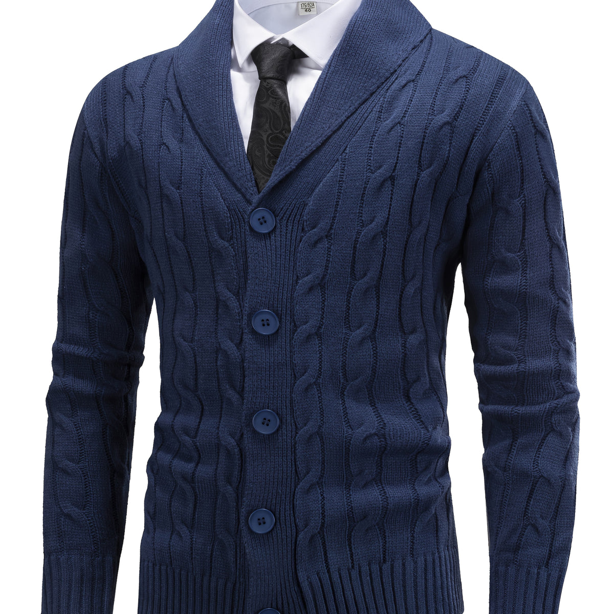 Cable Knit Cardigan Shawl Collar Men's Button-Up Sweater Navy Blue – Office, Casual, Smart Layering