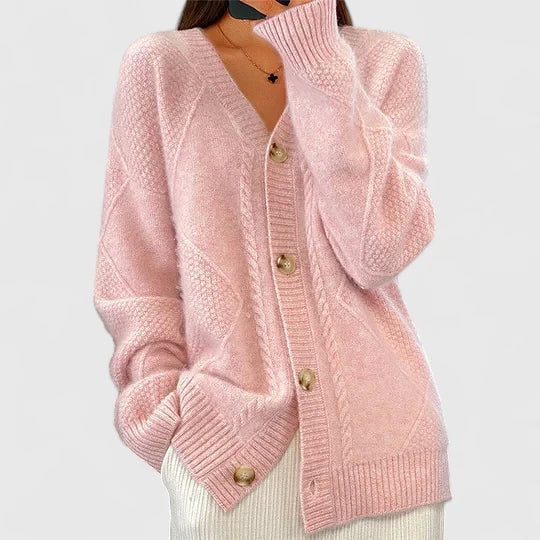 Cable Knit Cardigan Women's Beige V-Neck Button-Up Jumper – Casual, Office, Holiday Gift