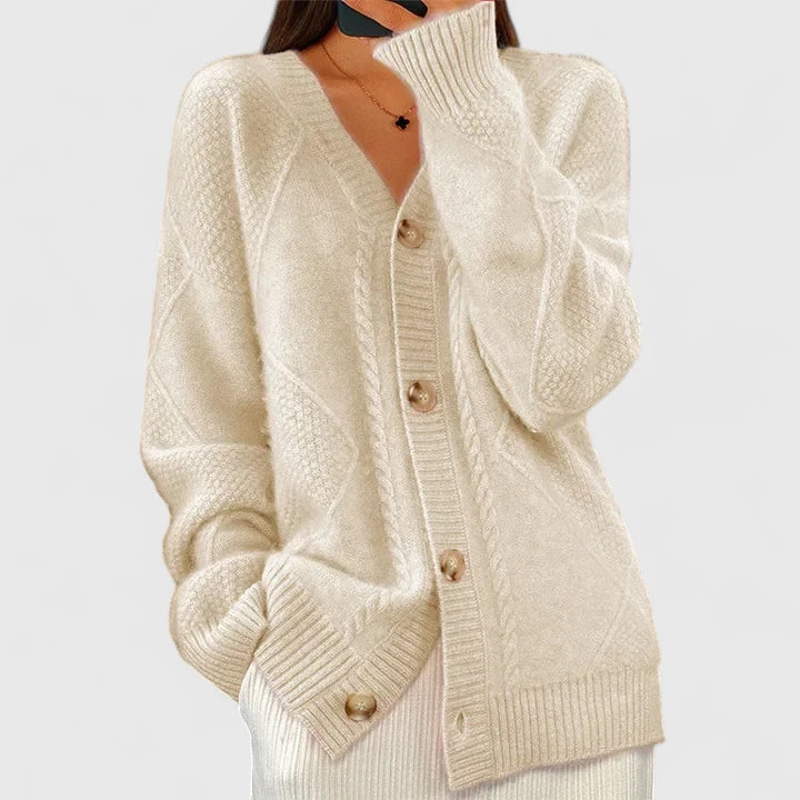 Cable Knit Cardigan Women's Beige V-Neck Button-Up Jumper – Casual, Office, Holiday Gift