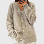 Cable Knit Cardigan Women's Beige V-Neck Button-Up Jumper – Casual, Office, Holiday Gift