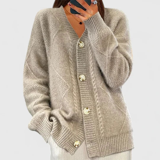 Cable Knit Cardigan Women's Beige V-Neck Button-Up Jumper – Casual, Office, Holiday Gift