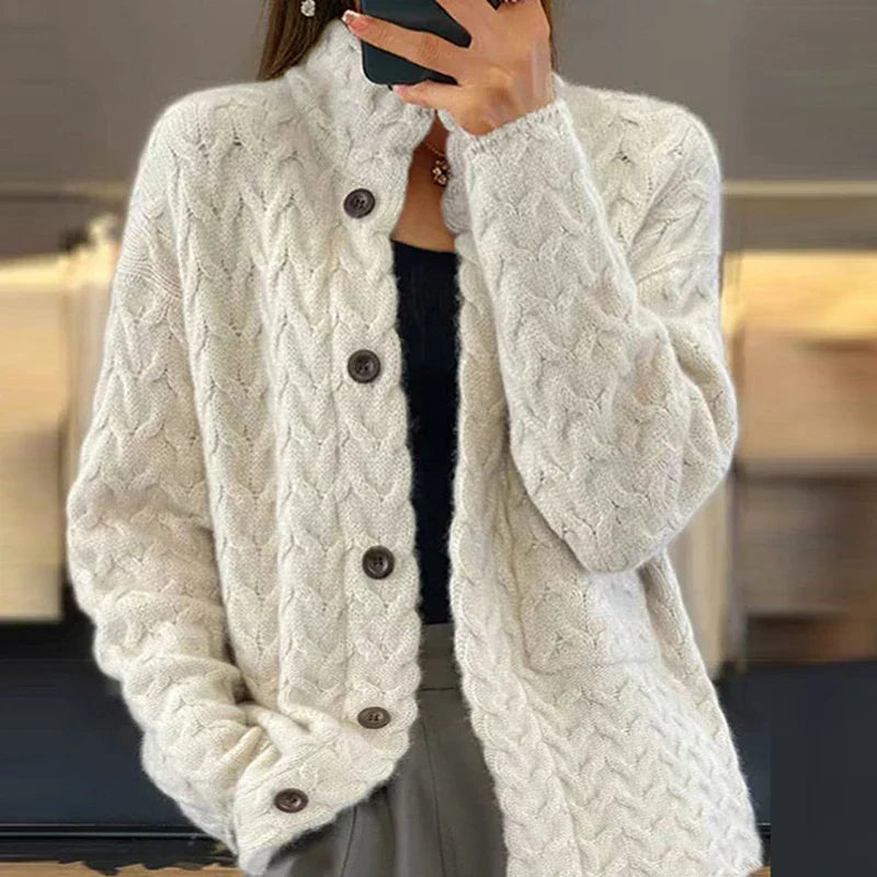 Cable Knit Cardigan Women's Cream Button-Up Sweater – Casual, Office, Holiday, Gift