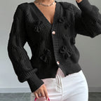 Cable Knit Cardigan Women's Pink Bow-Detail V-Neck Button-Up Sweater – Casual, Office, Holiday, Gift