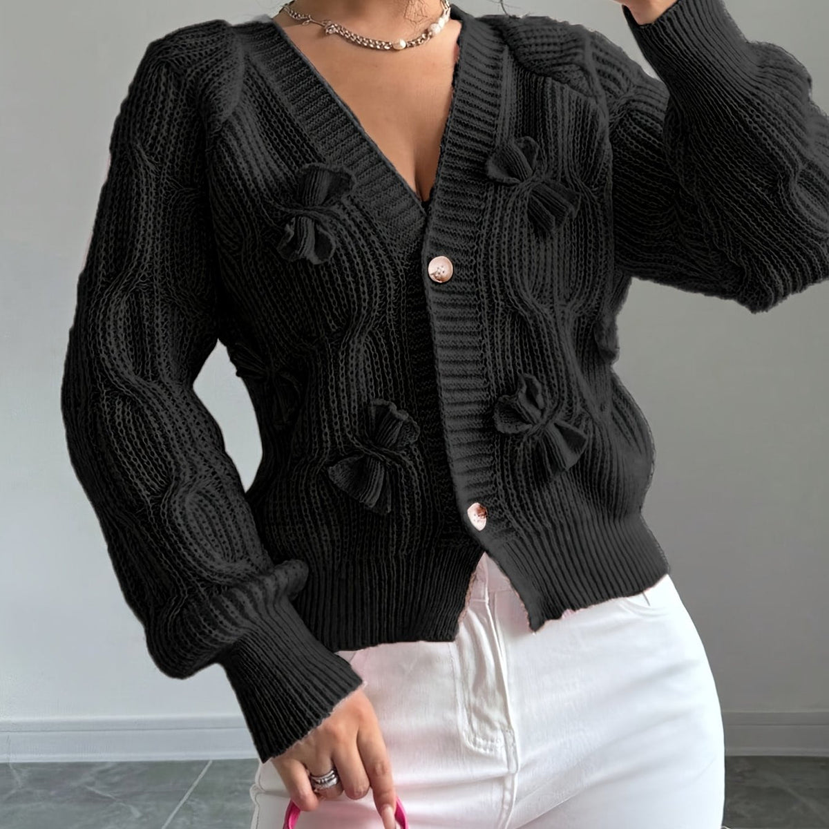 Cable Knit Cardigan Women's Pink Bow-Detail V-Neck Button-Up Sweater – Casual, Office, Holiday, Gift