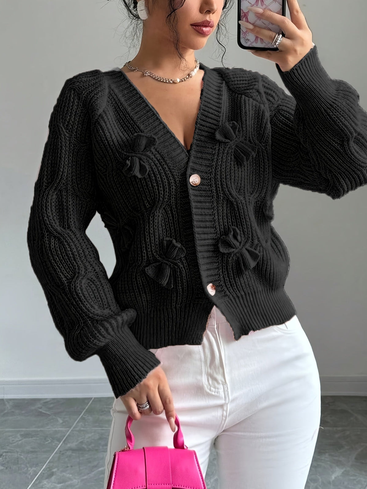 Cable Knit Cardigan Women's Pink Bow-Detail V-Neck Button-Up Sweater – Casual, Office, Holiday, Gift