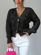 Cable Knit Cardigan Women's Pink Bow-Detail V-Neck Button-Up Sweater – Casual, Office, Holiday, Gift