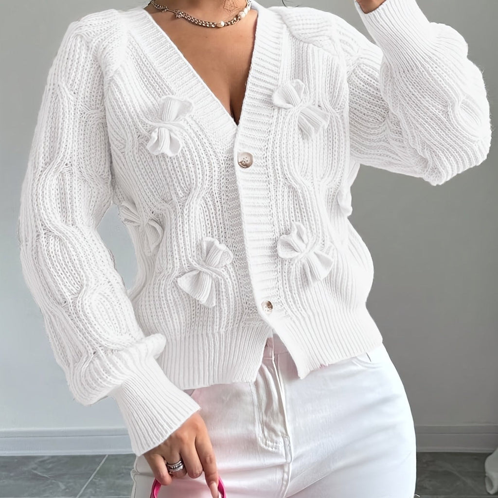 Cable Knit Cardigan Women's Pink Bow-Detail V-Neck Button-Up Sweater – Casual, Office, Holiday, Gift