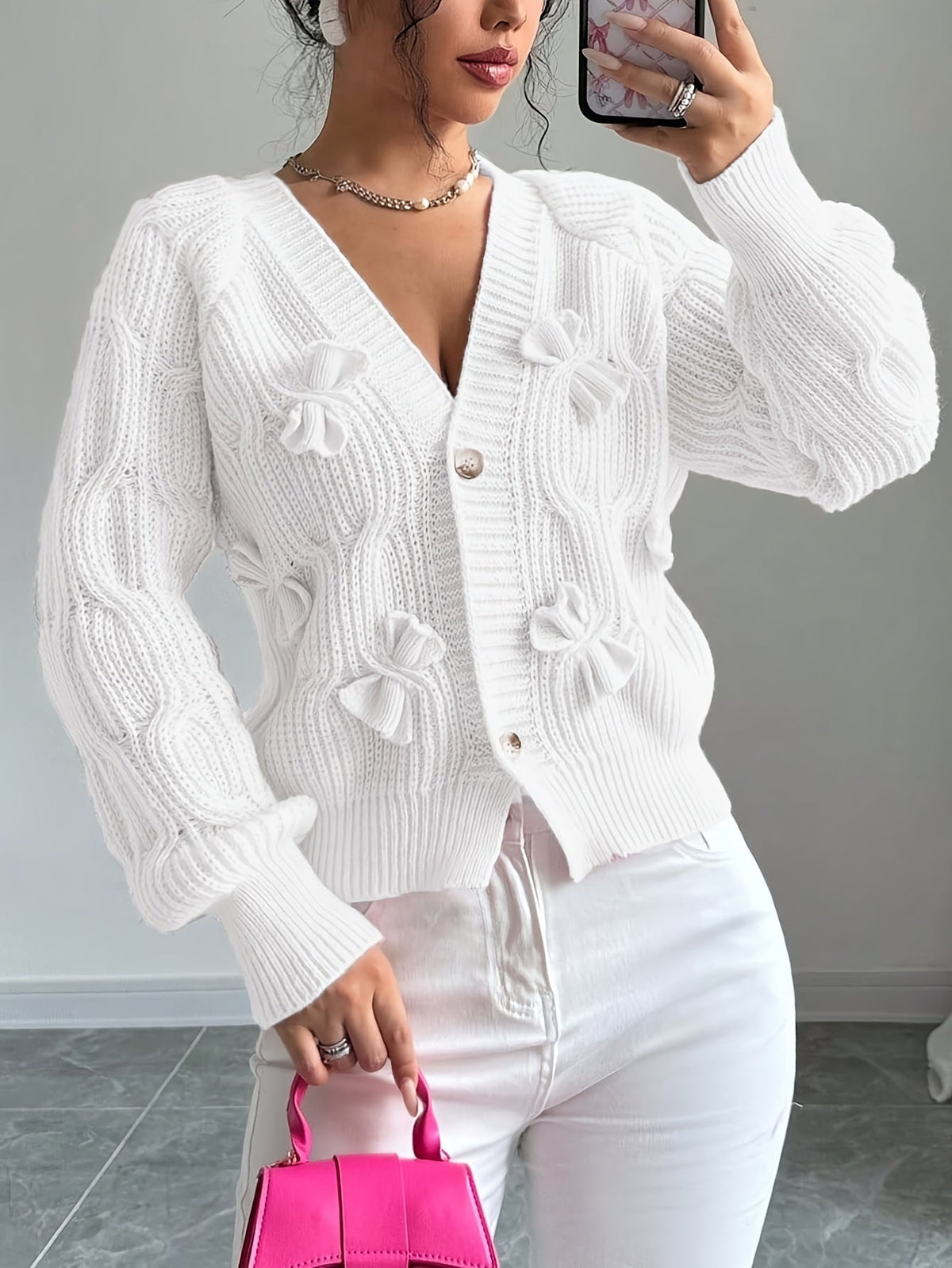 Cable Knit Cardigan Women's Pink Bow-Detail V-Neck Button-Up Sweater – Casual, Office, Holiday, Gift