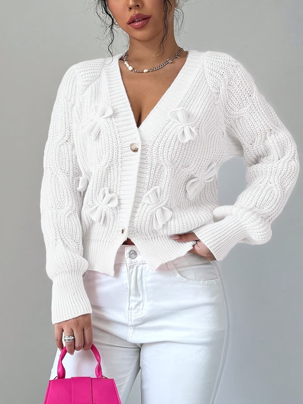 Cable Knit Cardigan Women's Pink Bow-Detail V-Neck Button-Up Sweater – Casual, Office, Holiday, Gift