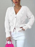 Cable Knit Cardigan Women's Pink Bow-Detail V-Neck Button-Up Sweater – Casual, Office, Holiday, Gift