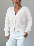 Cable Knit Cardigan Women's Pink Bow-Detail V-Neck Button-Up Sweater – Casual, Office, Holiday, Gift