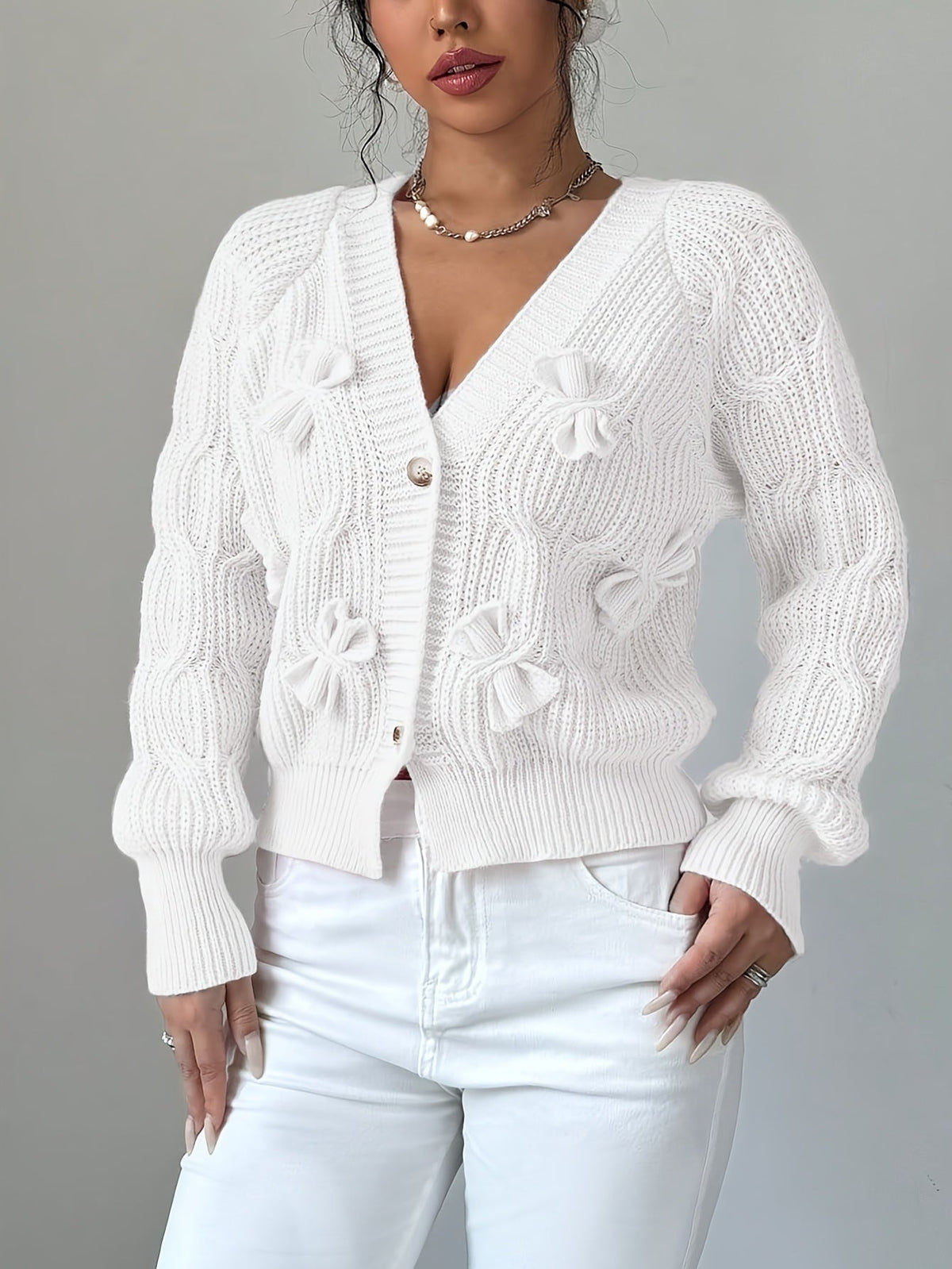 Cable Knit Cardigan Women's Pink Bow-Detail V-Neck Button-Up Sweater – Casual, Office, Holiday, Gift