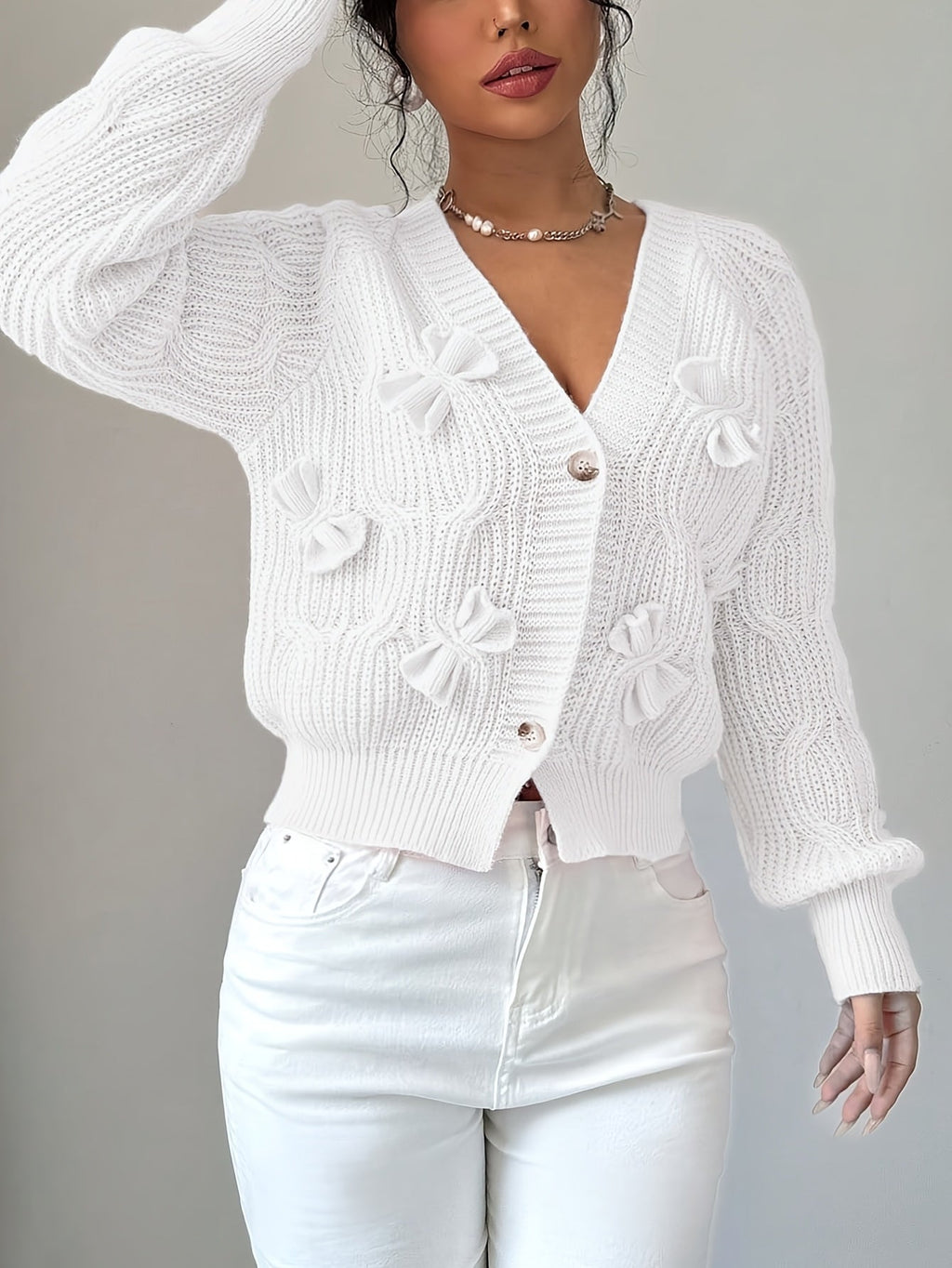 Cable Knit Cardigan Women's Pink Bow-Detail V-Neck Button-Up Sweater – Casual, Office, Holiday, Gift