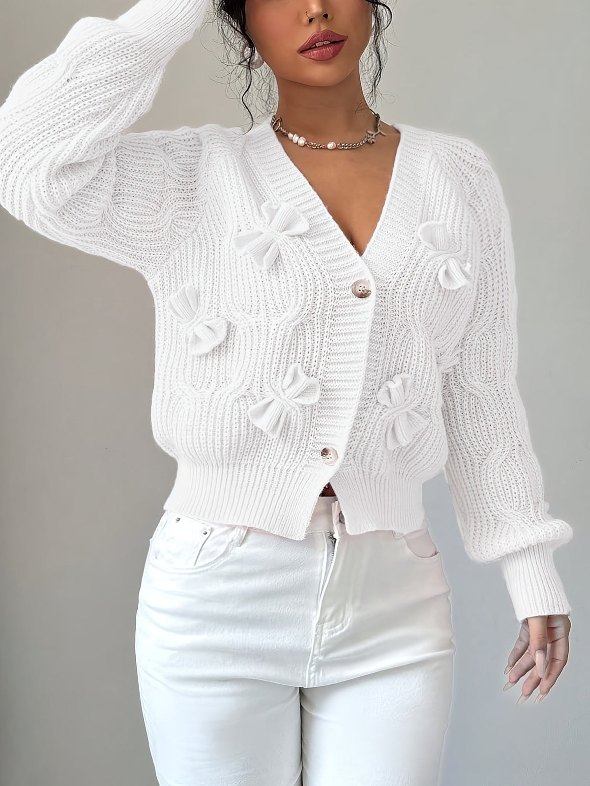 Cable Knit Cardigan Women's Pink Bow-Detail V-Neck Button-Up Sweater – Casual, Office, Holiday, Gift