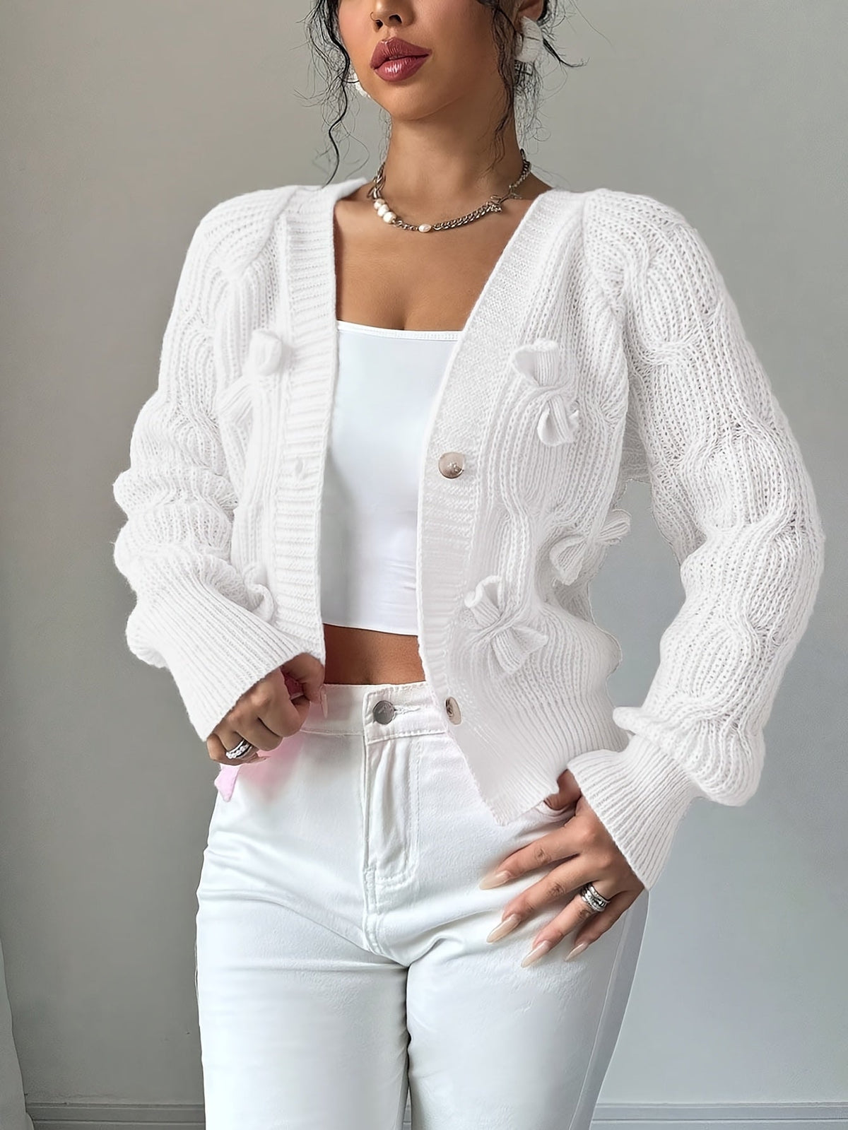 Cable Knit Cardigan Women's Pink Bow-Detail V-Neck Button-Up Sweater – Casual, Office, Holiday, Gift