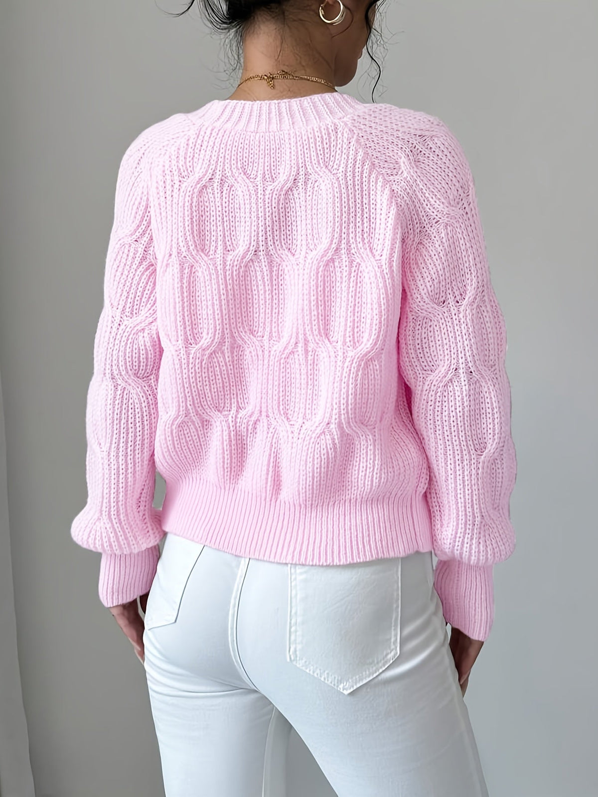 Cable Knit Cardigan Women's Pink Bow-Detail V-Neck Button-Up Sweater – Casual, Office, Holiday, Gift