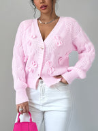 Cable Knit Cardigan Women's Pink Bow-Detail V-Neck Button-Up Sweater – Casual, Office, Holiday, Gift