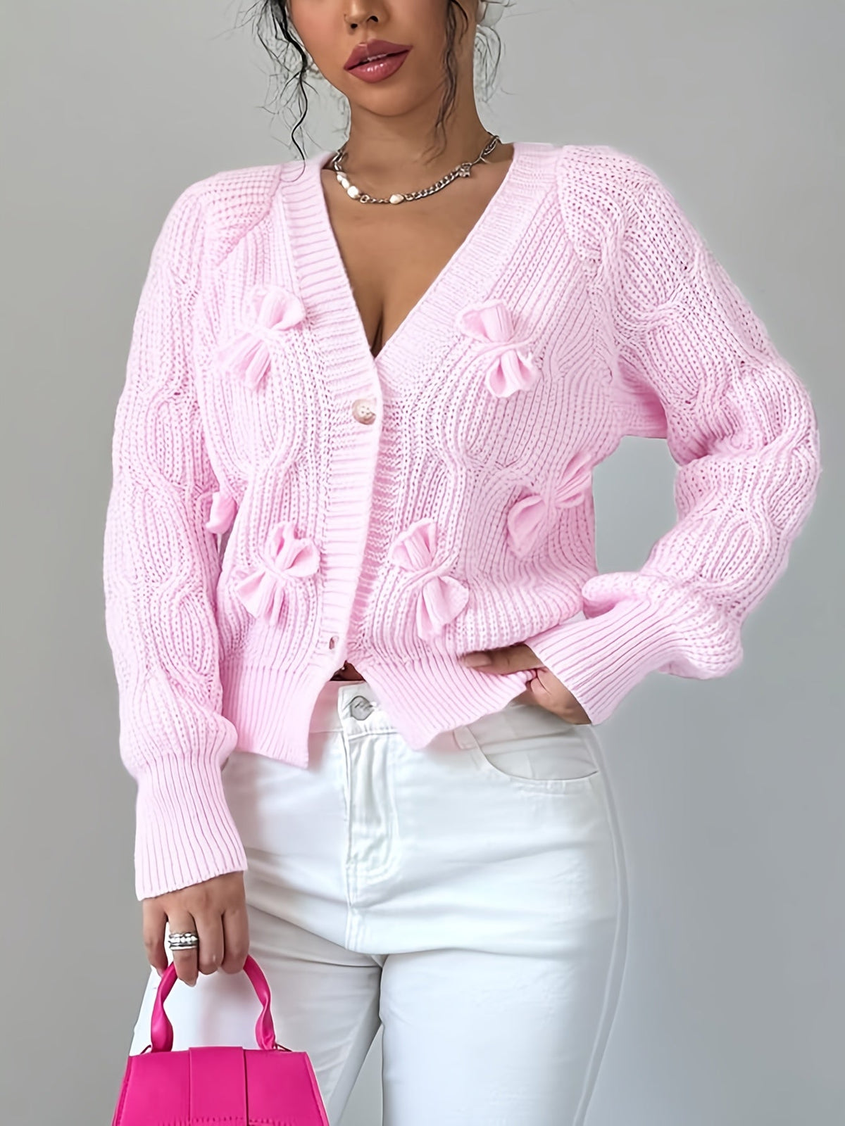 Cable Knit Cardigan Women's Pink Bow-Detail V-Neck Button-Up Sweater – Casual, Office, Holiday, Gift