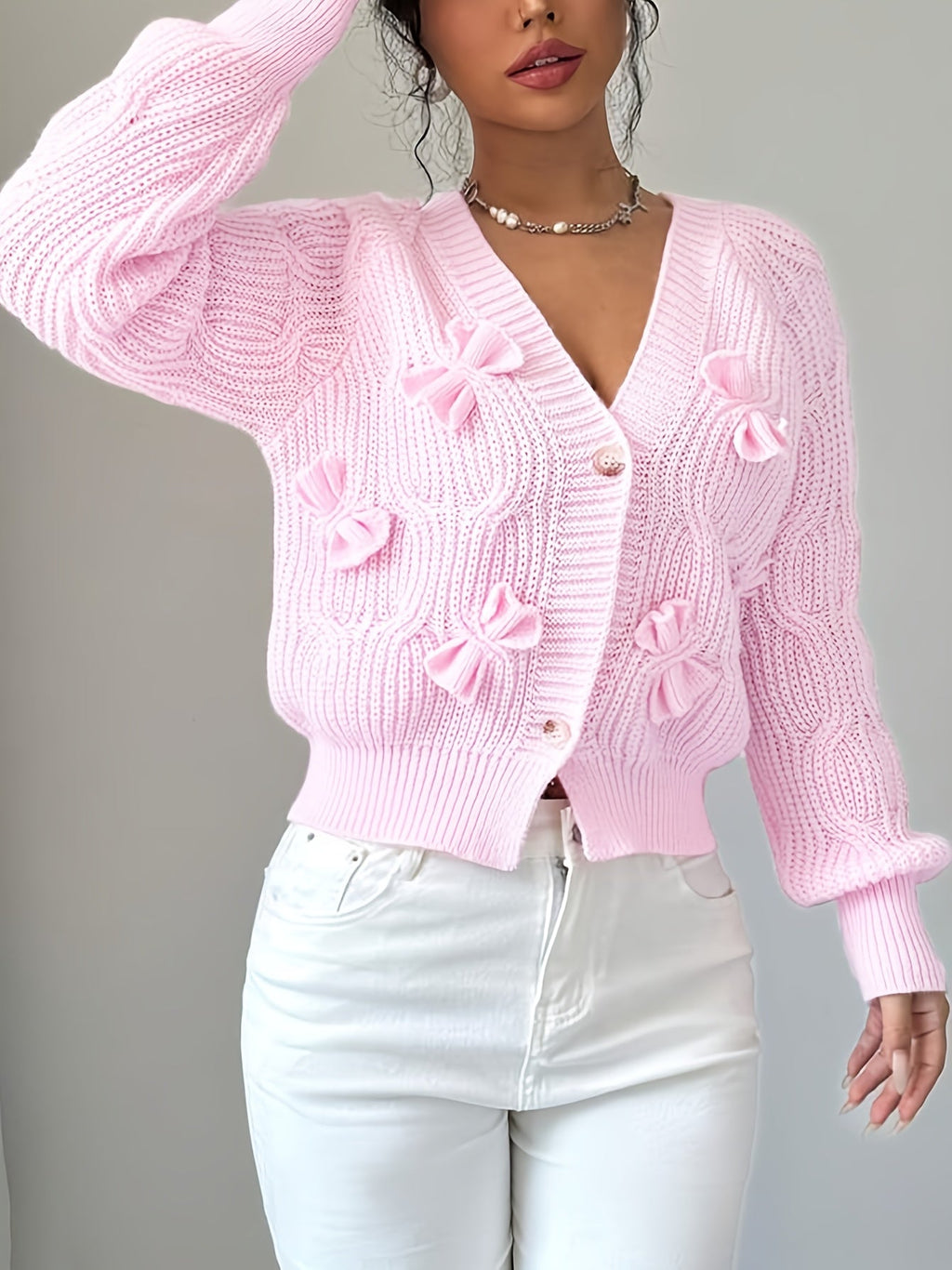 Cable Knit Cardigan Women's Pink Bow-Detail V-Neck Button-Up Sweater – Casual, Office, Holiday, Gift