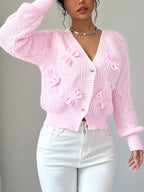 Cable Knit Cardigan Women's Pink Bow-Detail V-Neck Button-Up Sweater – Casual, Office, Holiday, Gift