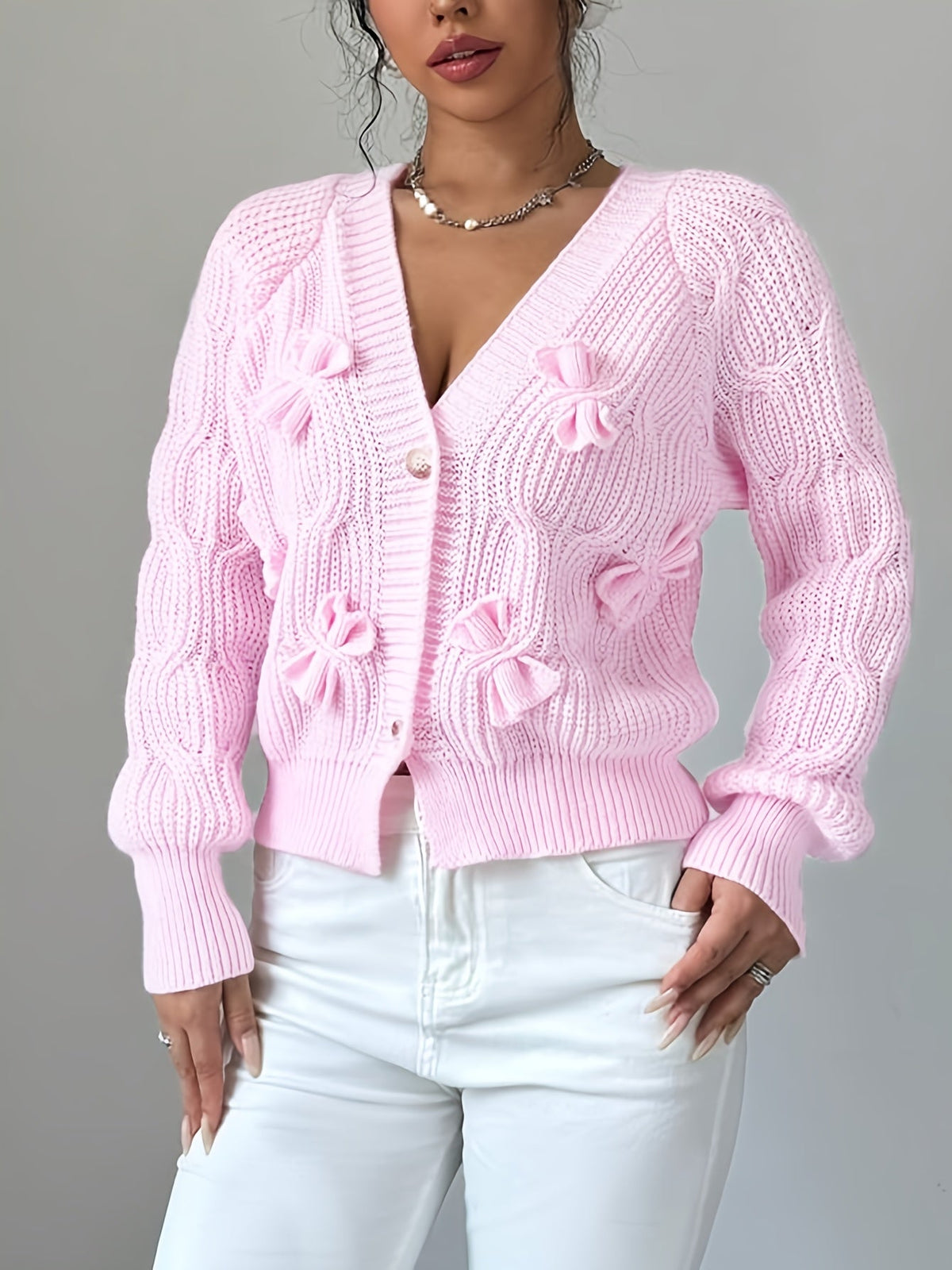 Cable Knit Cardigan Women's Pink Bow-Detail V-Neck Button-Up Sweater – Casual, Office, Holiday, Gift