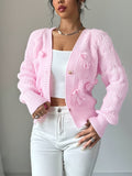 Cable Knit Cardigan Women's Pink Bow-Detail V-Neck Button-Up Sweater – Casual, Office, Holiday, Gift