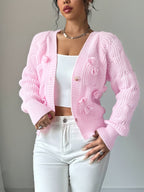 Cable Knit Cardigan Women's Pink Bow-Detail V-Neck Button-Up Sweater – Casual, Office, Holiday, Gift