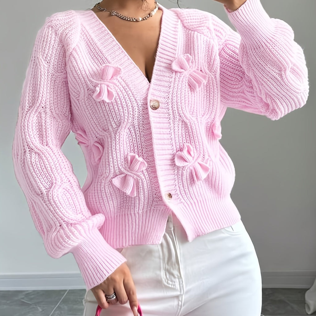 Cable Knit Cardigan Women's Pink Bow-Detail V-Neck Button-Up Sweater – Casual, Office, Holiday, Gift