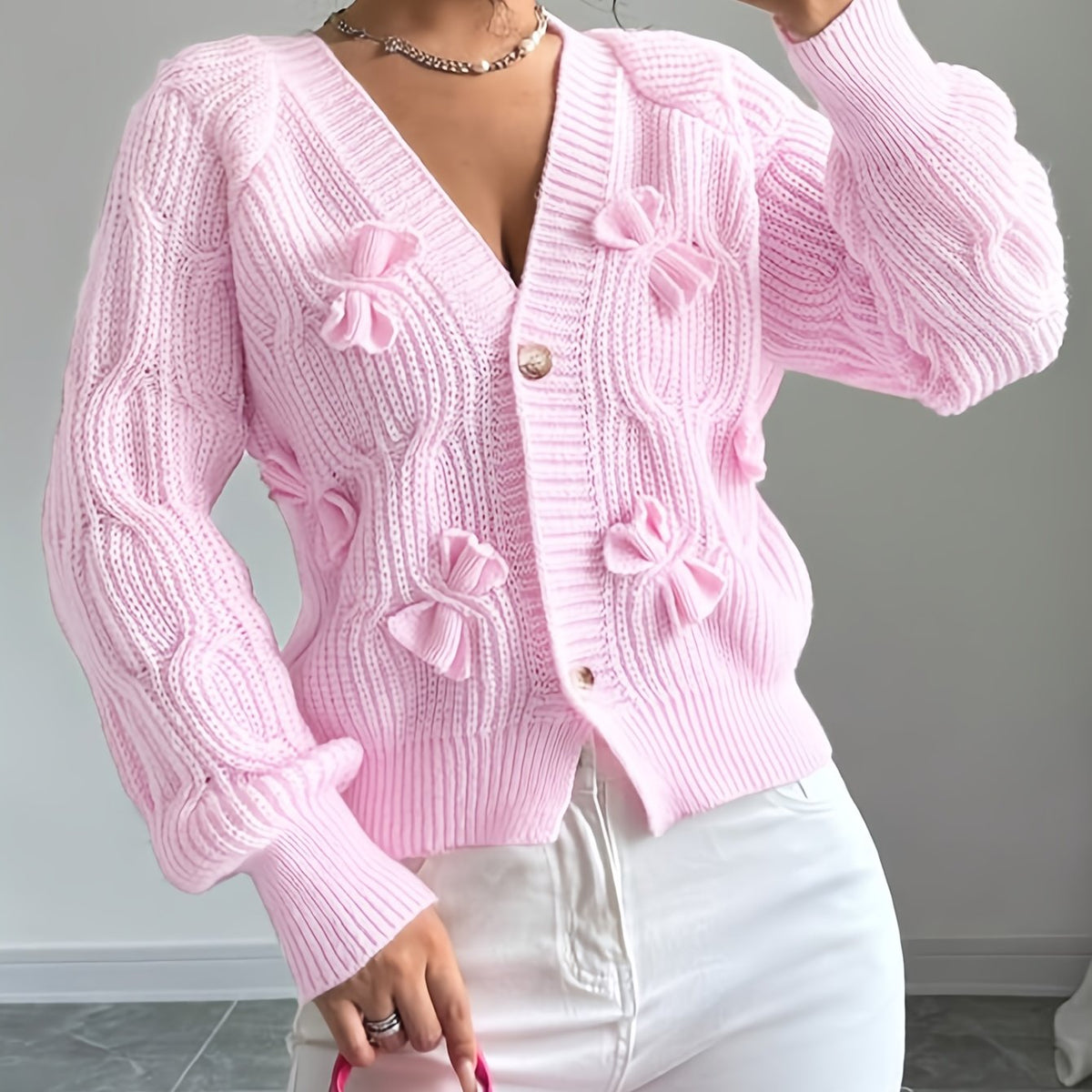 Cable Knit Cardigan Women's Pink Bow-Detail V-Neck Button-Up Sweater – Casual, Office, Holiday, Gift
