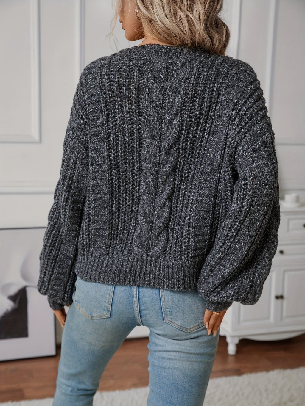 Cable Knit Jumper Chunky Women's V-Neck Charcoal Grey – Casual, Office, Holiday, Gift