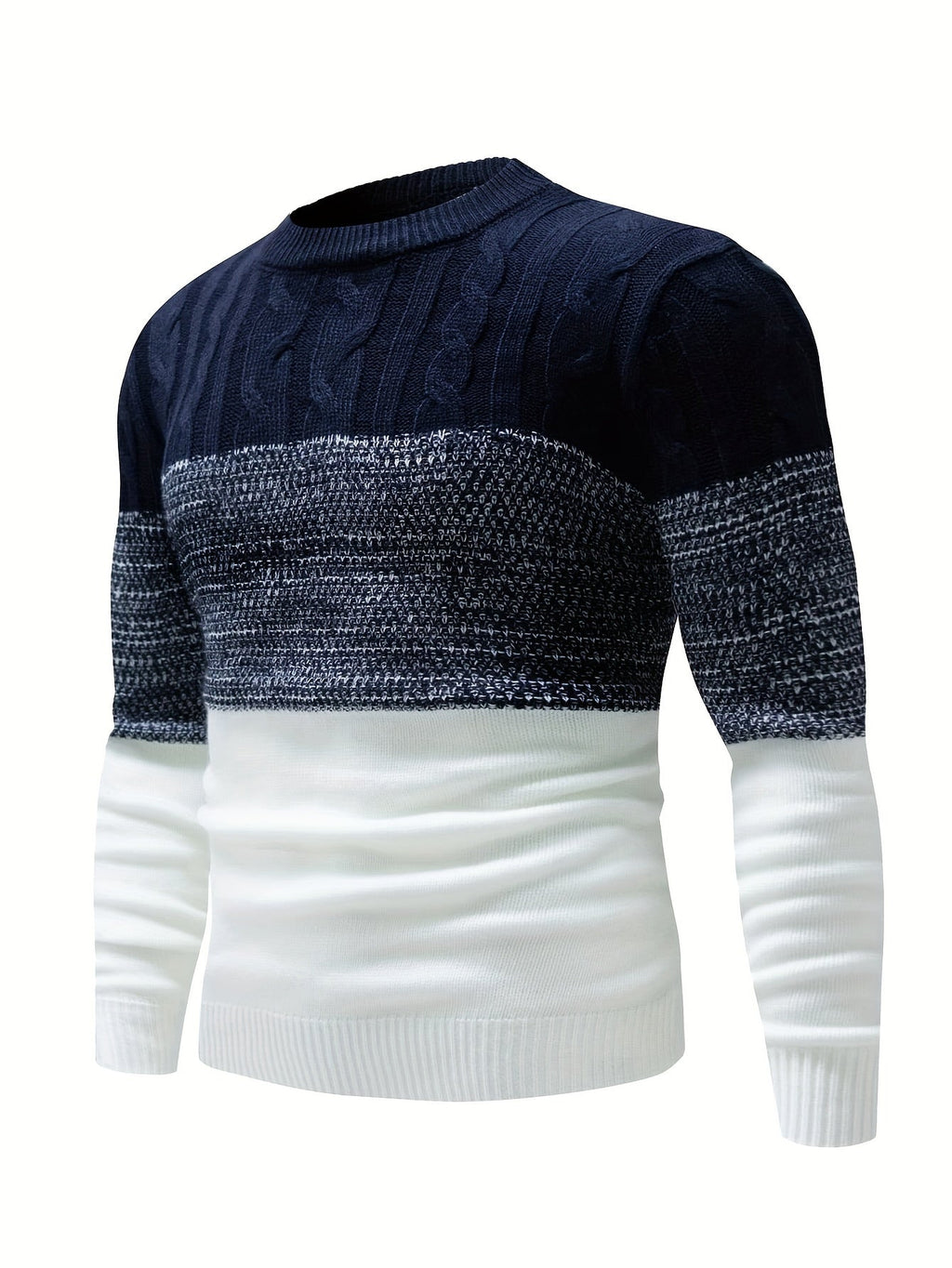 Cable Knit Jumper Colour-Block Navy White Men's Crew Neck – Casual, Office, Winter, Gift