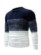 Cable Knit Jumper Colour-Block Navy White Men's Crew Neck – Casual, Office, Winter, Gift