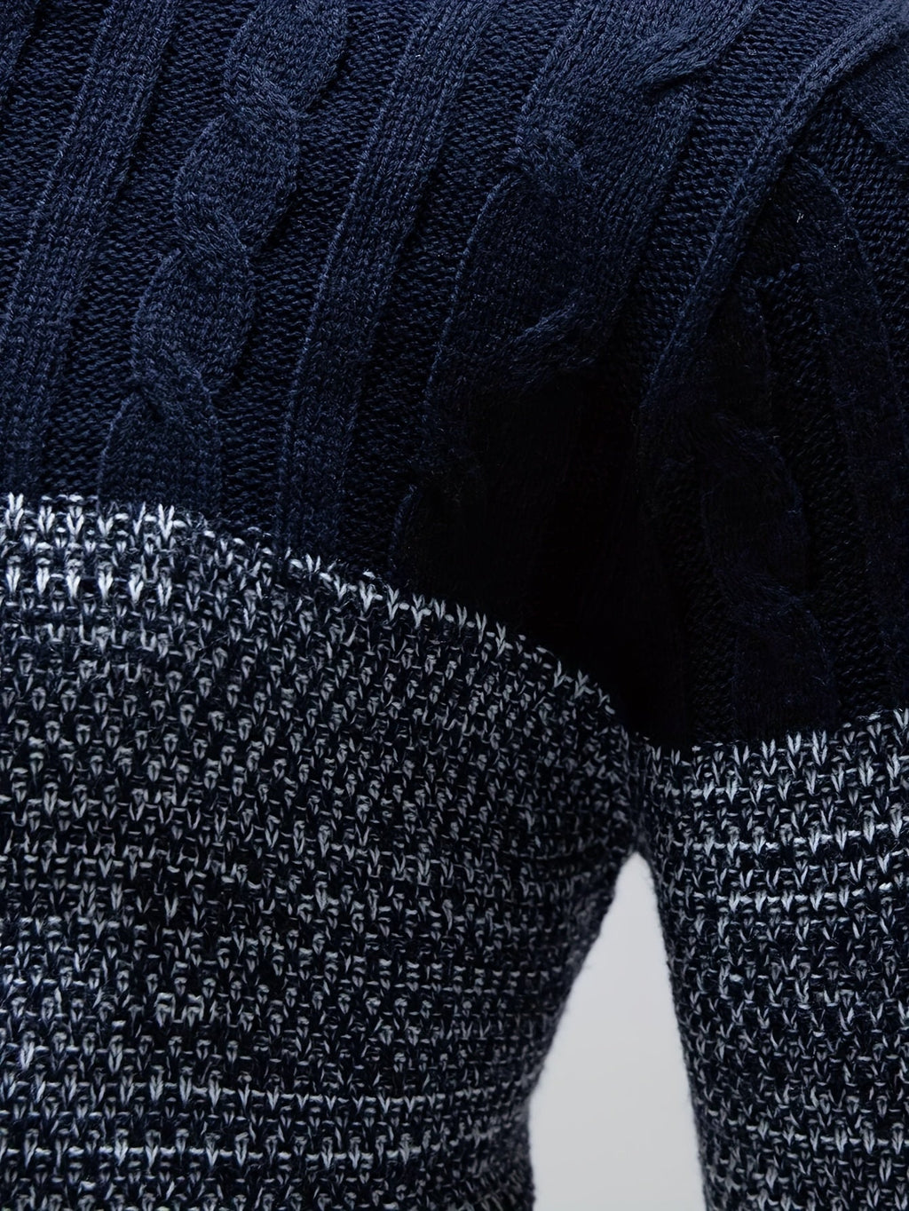 Cable Knit Jumper Colour-Block Navy White Men's Crew Neck – Casual, Office, Winter, Gift