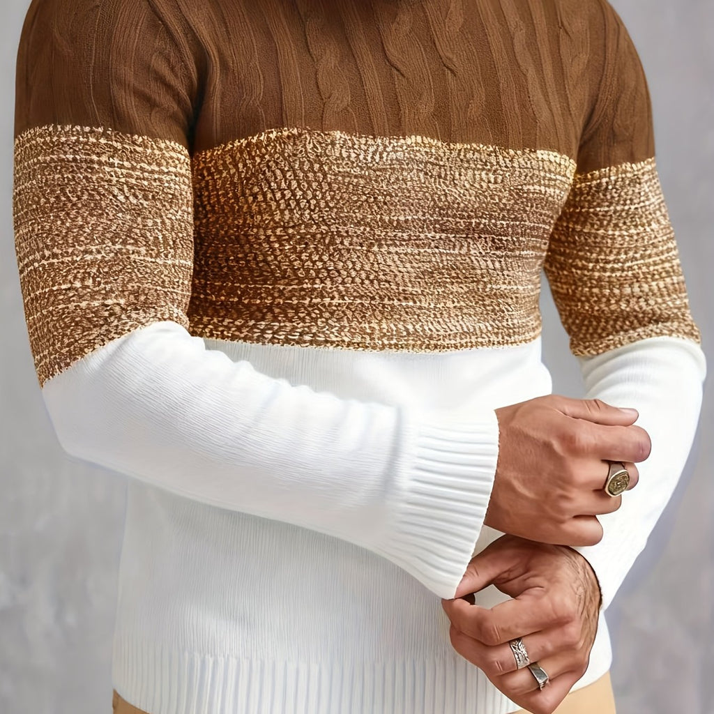 Cable Knit Jumper Colour-Block Navy White Men's Crew Neck – Casual, Office, Winter, Gift