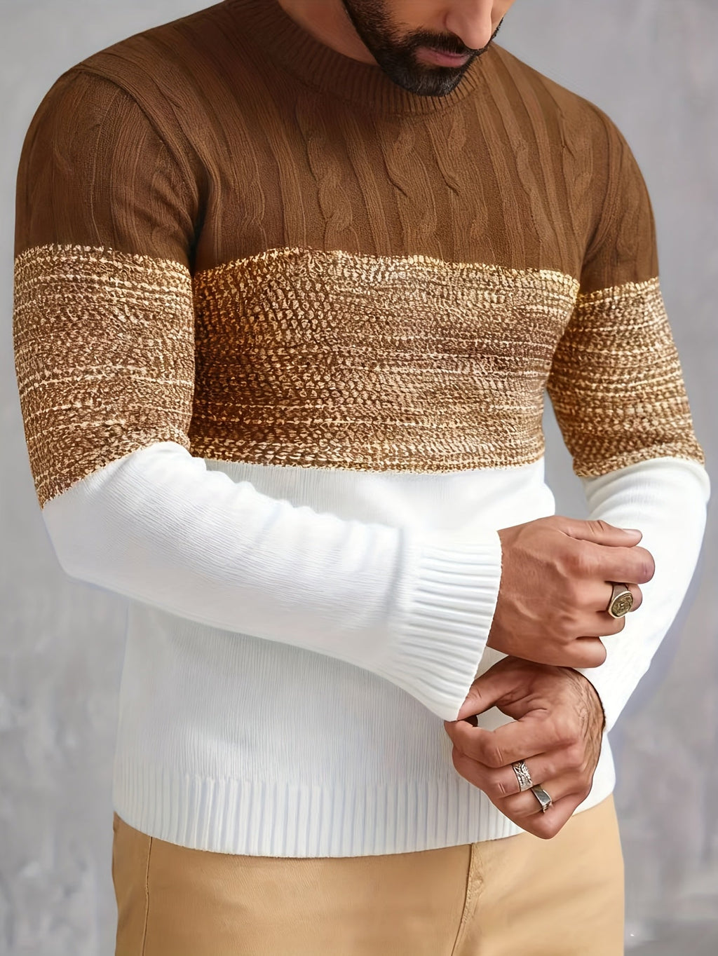 Cable Knit Jumper Colour-Block Navy White Men's Crew Neck – Casual, Office, Winter, Gift