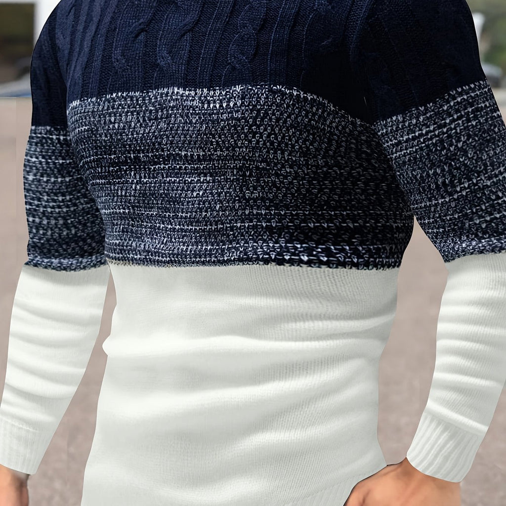 Cable Knit Jumper Colour-Block Navy White Men's Crew Neck – Casual, Office, Winter, Gift