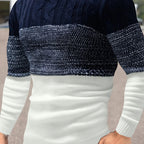 Cable Knit Jumper Colour-Block Navy White Men's Crew Neck – Casual, Office, Winter, Gift