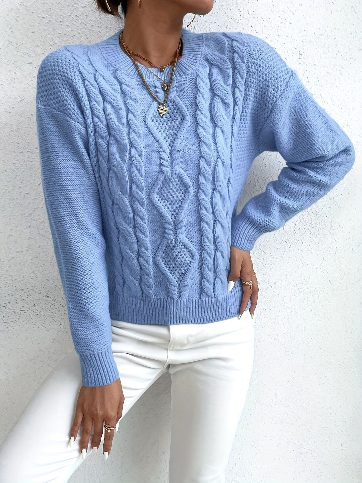 Cable Knit Jumper Pink Long Sleeve Women's Chunky Pullover – Casual, Office · Werune
