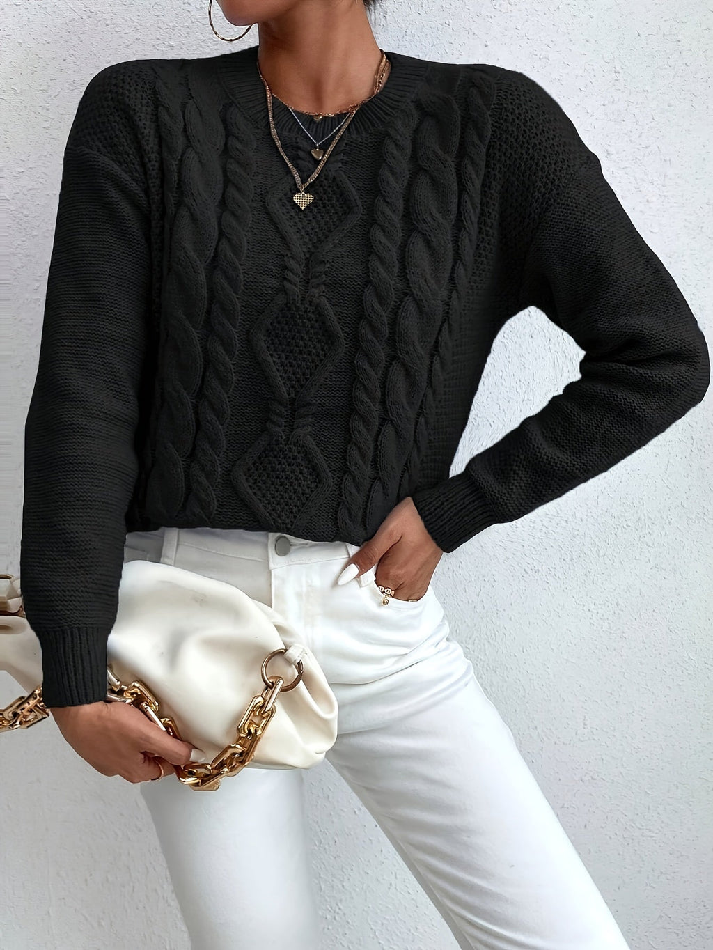 Cable Knit Jumper Pink Long Sleeve Women's Chunky Pullover – Casual, Office · Werune