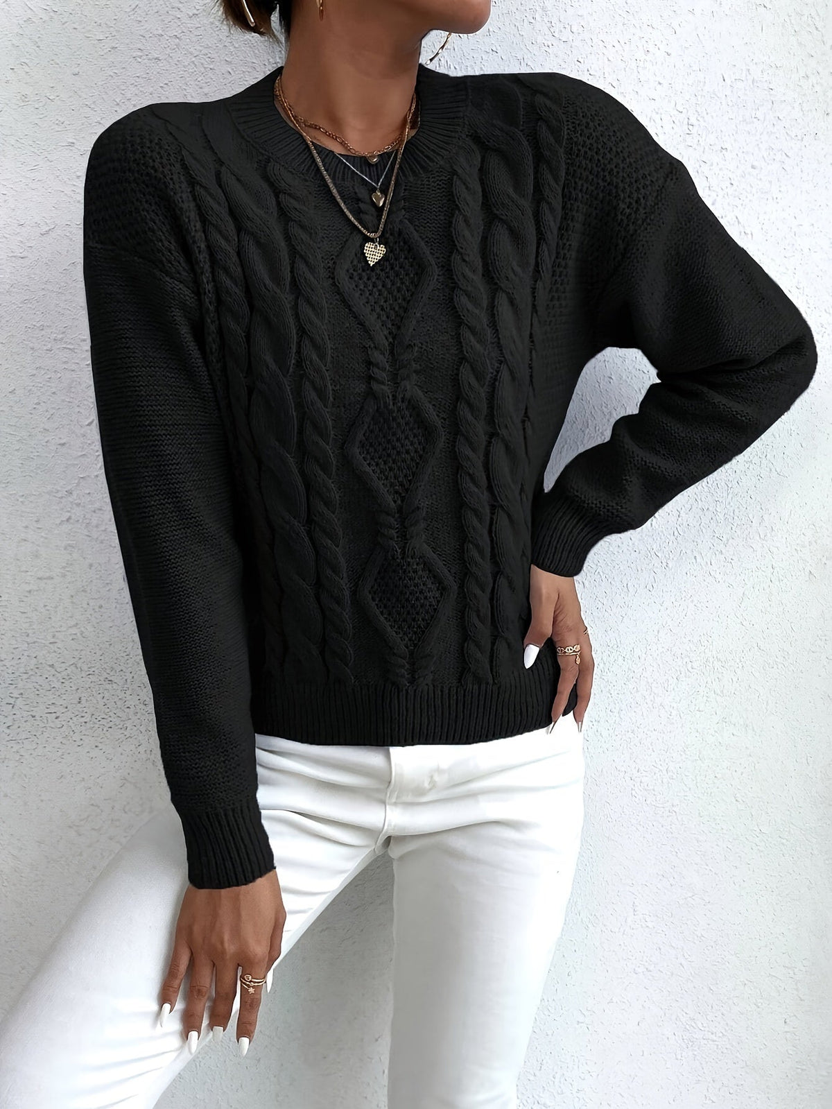 Cable Knit Jumper Pink Long Sleeve Women's Chunky Pullover – Casual, Office · Werune
