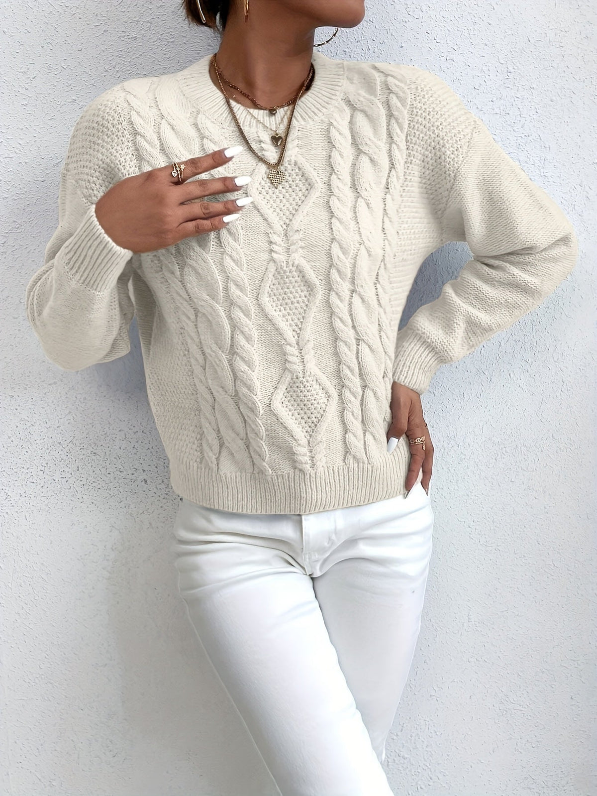 Cable Knit Jumper Pink Long Sleeve Women's Chunky Pullover – Casual, Office · Werune