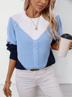 Cable Knit Jumper Women's Colour Block Pink Blue Crew Neck – Casual, Autumn Winter Layering
