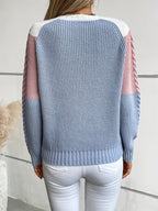 Cable Knit Jumper Women's Colour Block Pink Blue Crew Neck – Casual, Autumn Winter Layering